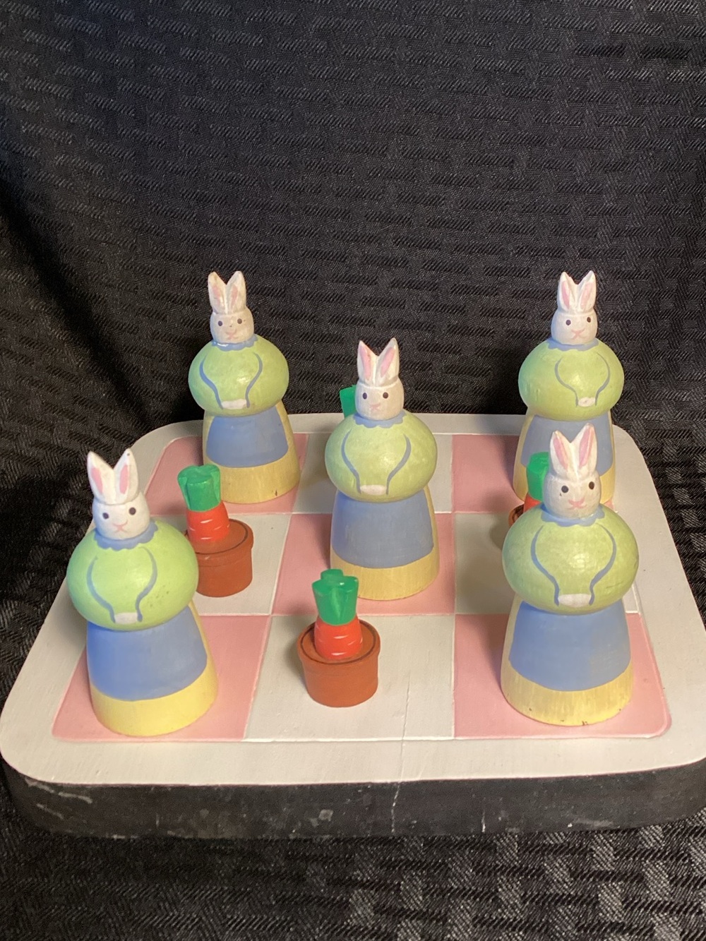 Vintage Whimsical Wooden Bunny Checker Set - Pastel Pink & Green REDUCED